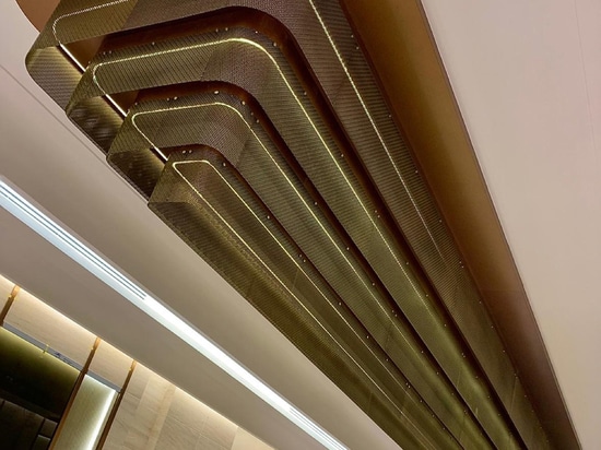 TW-1 Woven Wire Mesh in Antique Brass installed as a Ceiling Feature