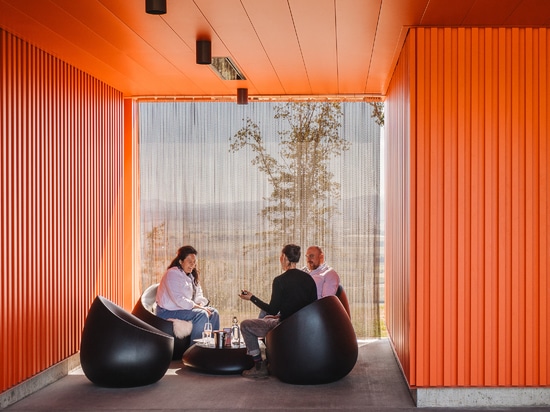 The Drift flexible wire mesh curtain adds stylish privacy to the Corollary Wine's tasting rooms.