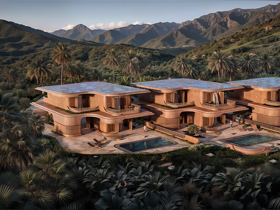 Ochre-hued stone walls wrap three individual residences by VAstudio in cretan rocky hillside