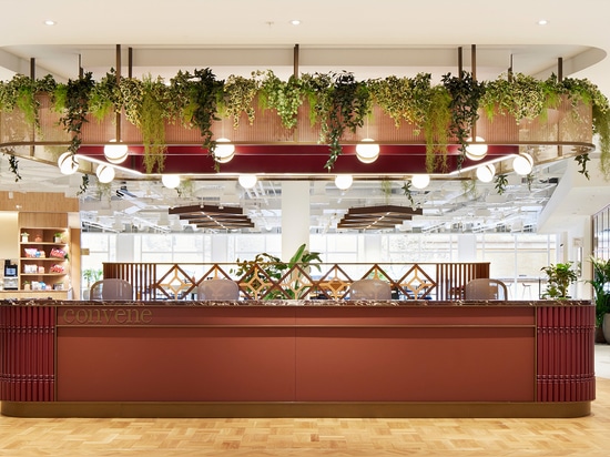 Sancroft Building showcasing modern architecture with abundant natural light, contemporary furnishings, and distinctive design elements such as  woven wire mesh from Banker Wire