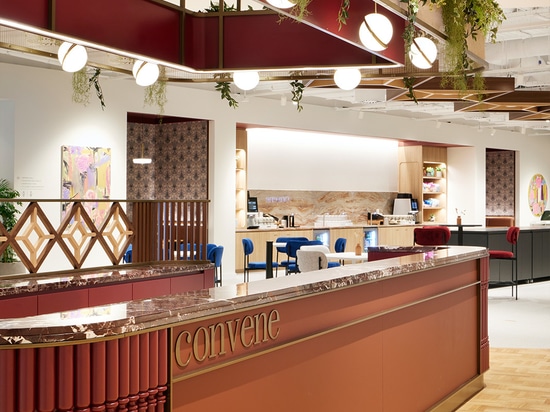 Sancroft Building showcasing modern architecture with abundant natural light, contemporary furnishings, and distinctive design elements such as  woven wire mesh from Banker Wire