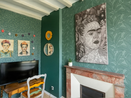 Black and white printed infrared radiator in an Airbnb