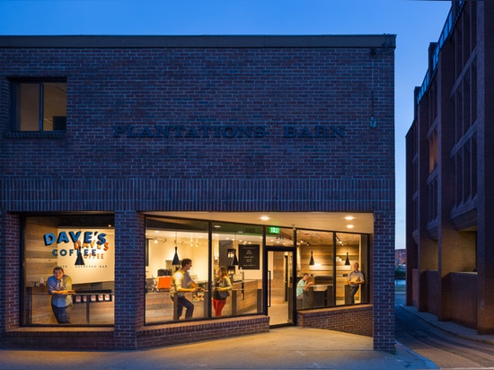 Naturally aged cedar boards line the interior of this coffee shop in Rhode Island