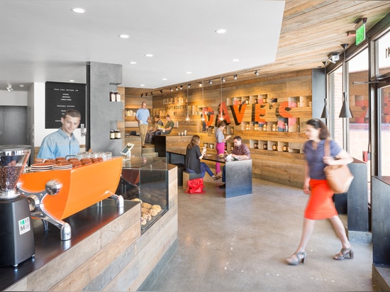 Naturally aged cedar boards line the interior of this coffee shop in Rhode Island