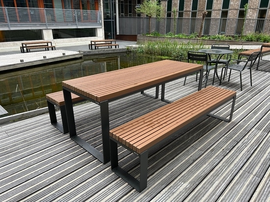 Málaga Picnic Tables with WPC (Wood Plastic Composite) synthetic wood planks in the central courtyard of the World Trade Centre in the Netherlands.