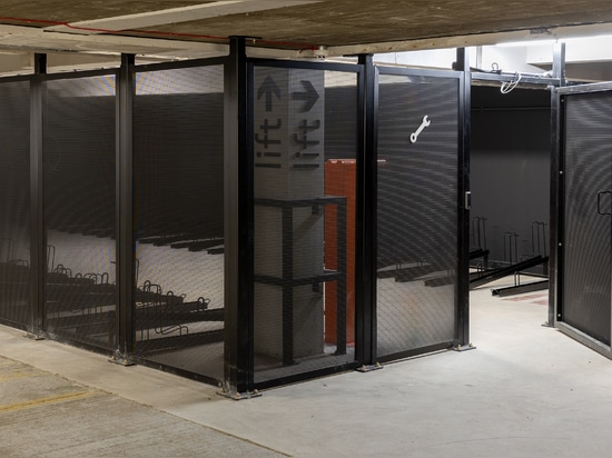 The secure bike storage area uses durable LPZ-71 woven wire mesh panels to provide visibility, ventilation, and long‑lasting protection.