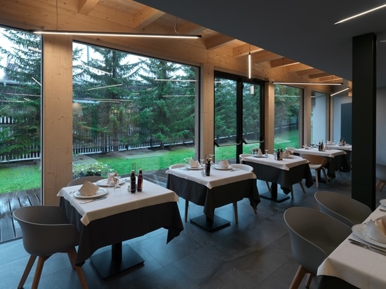 Hotel Fedora: an example of alpine architecture featuring porcelain tiles