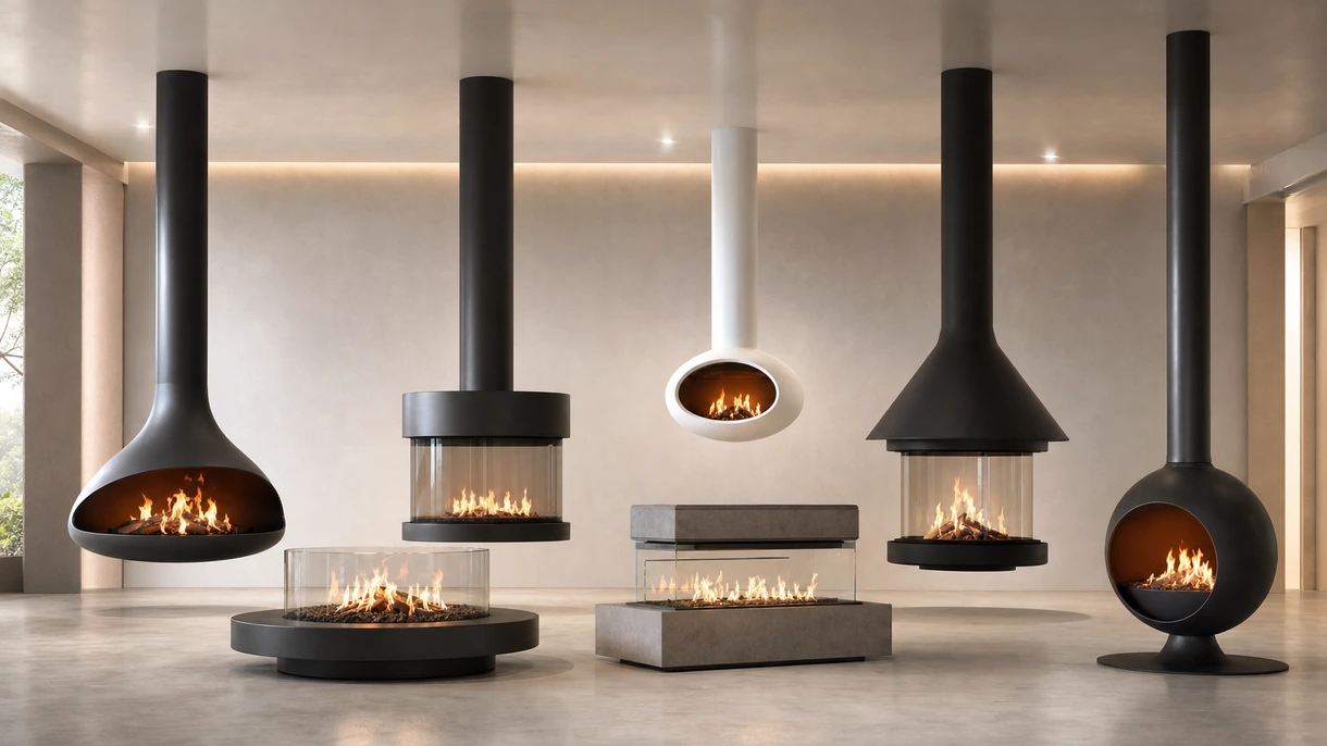 ミニマリストなスチール製火床と開放的な炎のデザインを特徴とする、高級ホテルのロビーに設置されたモダンな吊り下げ式セントラル暖炉。