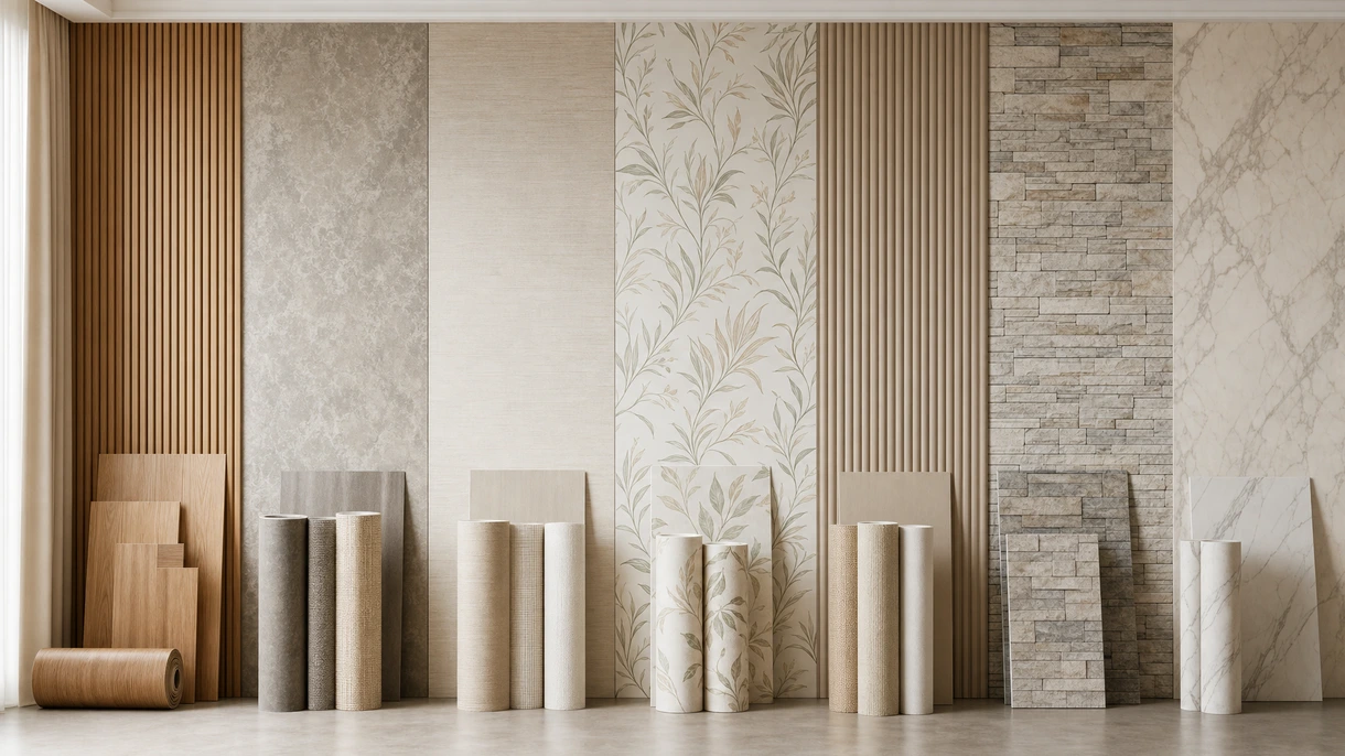 照明が統合されたモダンなオープンオフィスで、吸音性のあるテクスチャ付き壁面装飾材を施工する専門技術者。