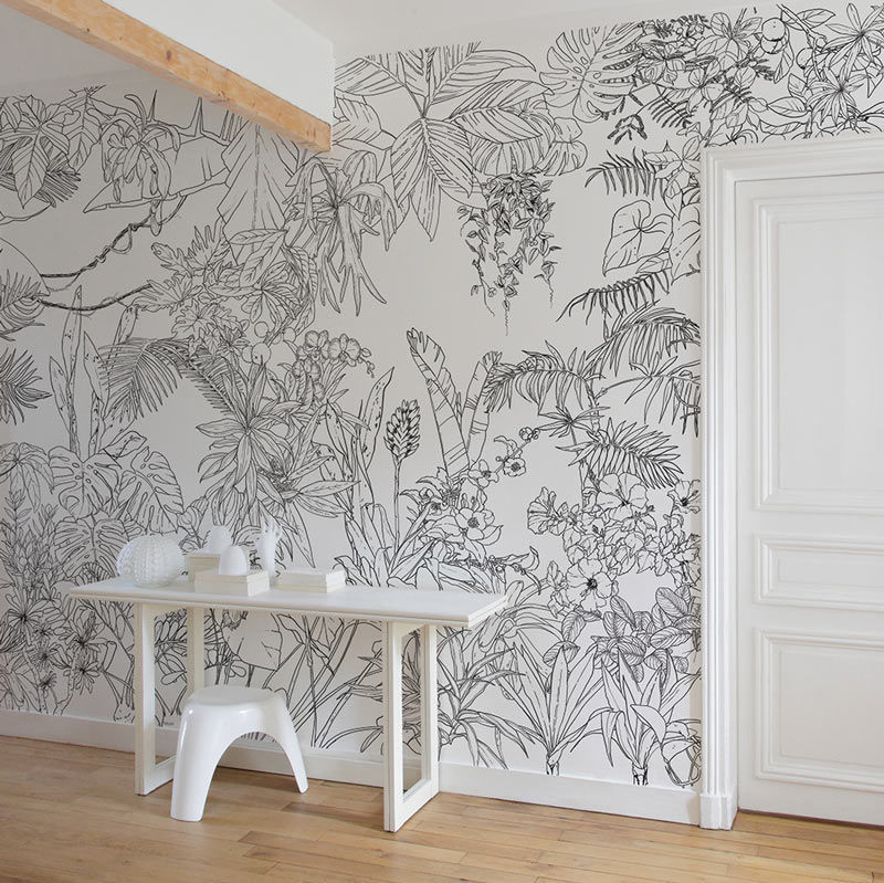 コンテンポラリー壁紙 Papier Peint Jungle Tropical Noir Et Blanc Ohmywall 花柄 自然のモチーフ パノラマ
