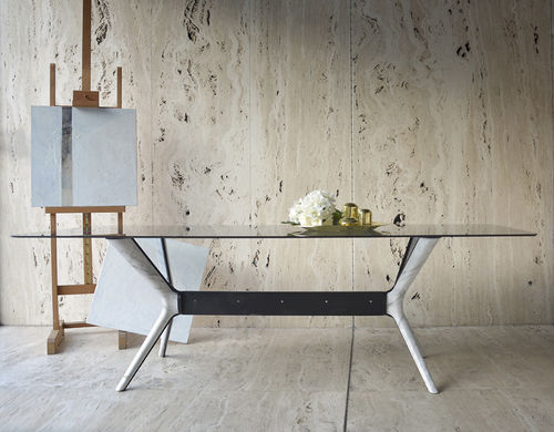 現代風ダイニングテーブル - ROOTS MARBLE CALACATTA - MAAMI HOME - 硬化ガラス製 / 漆塗り金スチール脚 / 大理石脚