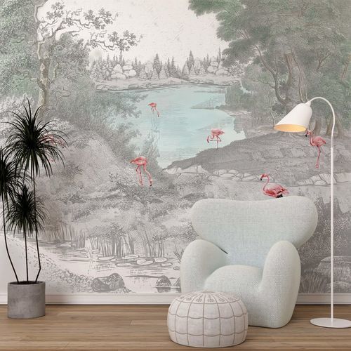 現代風壁紙 - FLAMANTS EN FOR&Ecirc;T - Kam et Leon - 不織布製 / ビニール製 / 動物柄