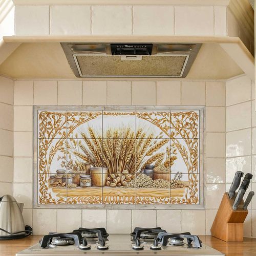 セラミック製バックスプラッシュ - RUSTIC WHEAT TILE MURAL - Tempera Art Design - カスタマイズ可能 / 耐熱性 / アンチスクラッチ