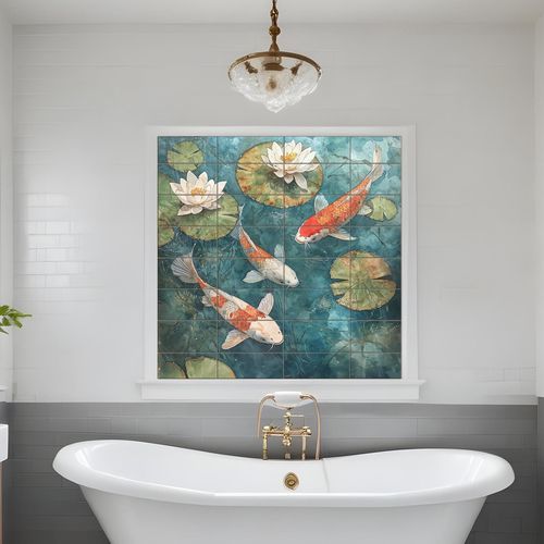 セラミック製タイル壁画 - KOI FISH - Tempera Art Design - カスタマイズ可能 / 耐熱性 / 耐擦傷性