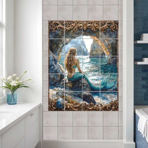 磁器製タイル - MERMAID BY THE SEA IN A CAVE - Tempera Art Design - デジタルプリント / 屋内 / 湿度が高い場所用