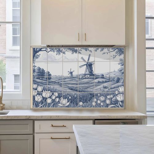 磁器製タイル - DUTCH WINDMILL LANDSCAPE  - Tempera Art Design - プリント柄 / 屋内用 / キッチン用