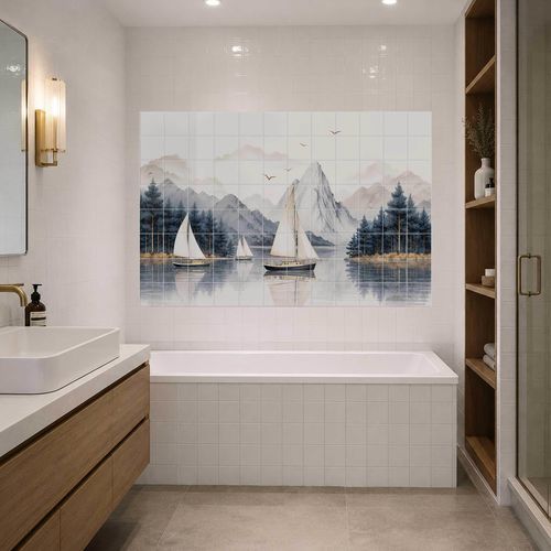 セラミック製バックスプラッシュ - SAILBOATS ON A MOUNTAIN LAKE - Tempera Art Design - 風景柄 / カスタマイズ可能 / 耐水性