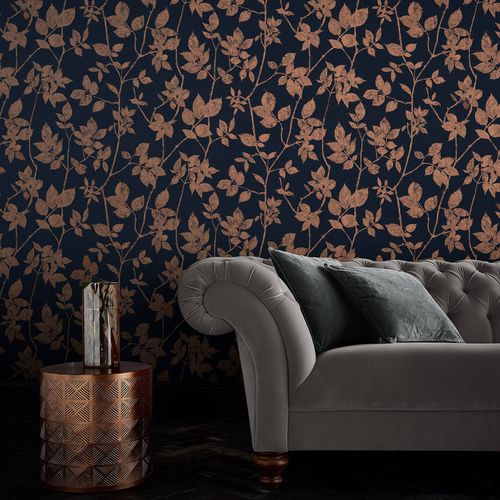 現代風壁紙 - LUNA NAVY & COPPER - Graham & Brown - 銅製 / 花柄 / ファブリック調