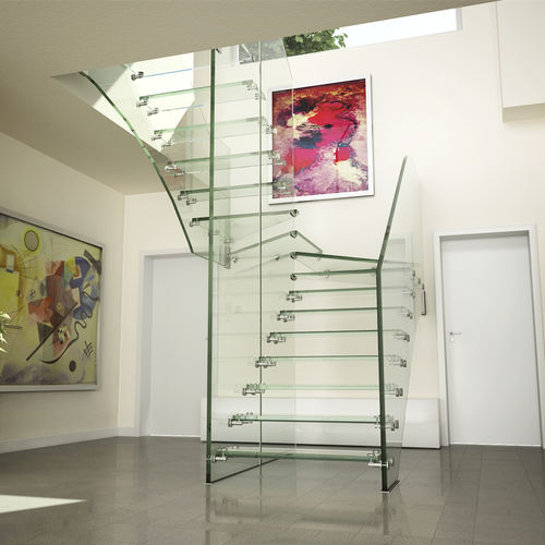 ストレート階段 - MISTRAL ALL GLASS - Siller Stairs - U字型 / ガラス製ステップ / ガラスフレーム