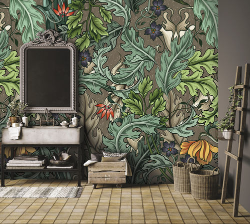 現代風壁紙 - FOGLIA FG9217 - LGD01 décor mural sur mesure - 花柄 / パノラマ / グレー