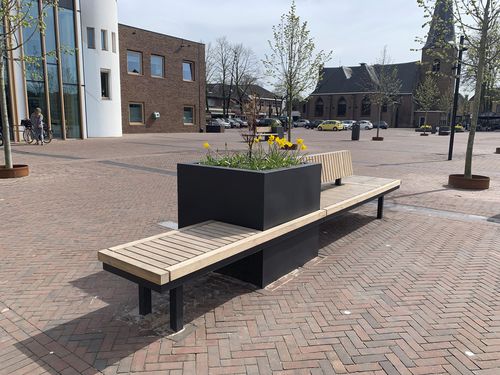木製プランター - PUTTEN - ANAE street furniture - 粉体塗装スチール製 / 長方形 / ベンチ付き植木鉢