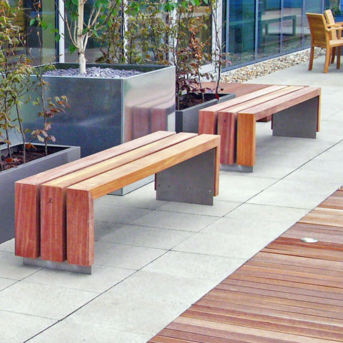現代風公共ベンチ - BLOC - Factory Street Furniture - 木製 / ステンレススチール製 / 背もたれ付き