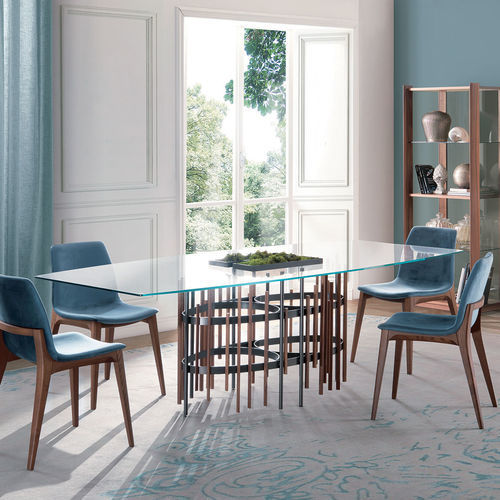 現代風ダイニングテーブル - BAMBOU - Italy Dream Design - 硬化ガラス製 / ウォールナッツ製脚 / 塗装金属脚