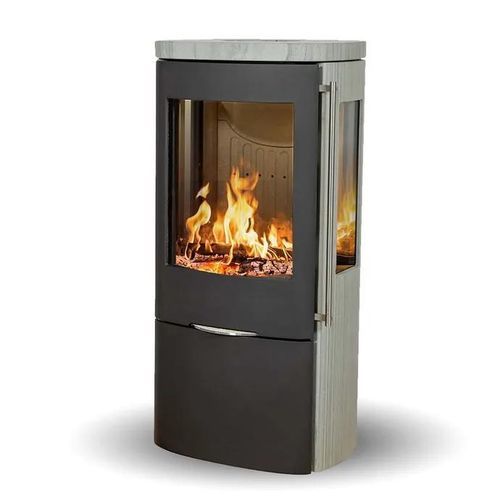 薪ストーブ - SENZA GREY WOOD SANDSTONE SIDEGLASS - Jydepejsen A/S - 独立型 / 3面タイプ / 現代風