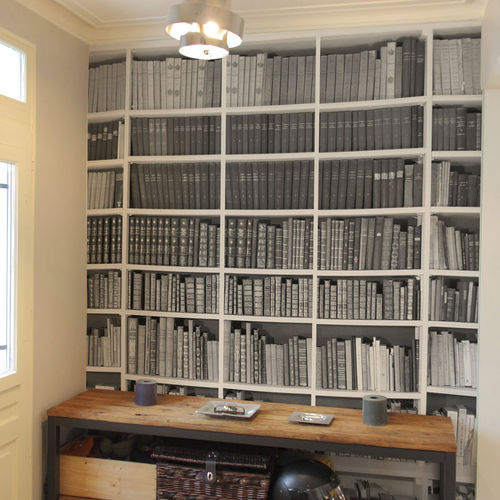 現代風壁紙 - Papier peint Trompe l'oeil BIBLIOTHEQUE Noir et blanc - Ohmywall - パノラマ / 本棚 / グレー