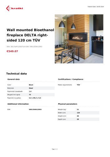 Wall mounted Bioethanol fireplace DELTA rightsided 120 cm TÜV