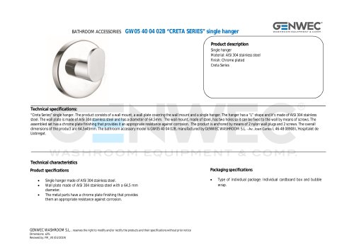 GW05 40 04 02B &ldquo;CRETA SERIES&rdquo; single hanger