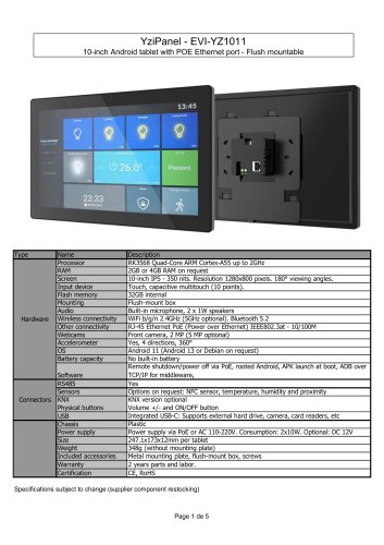 EVI-YZ1011: 10-inch Android tablet with POE Ethernet port - Flush mountable