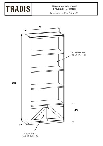 4-tiers shelf unit, 2 doors Solid wood