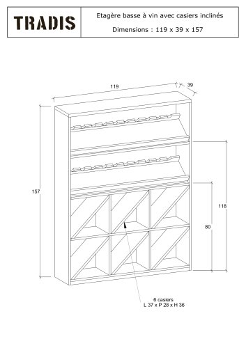 Low wine shelf with inclined compartments