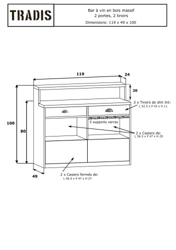Wooden wine bar, 2 doors, 2 drawers Solid wood