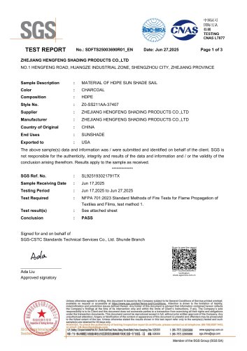 Flame Retardant Testing for HDPE Sun Shade Sail from SCS