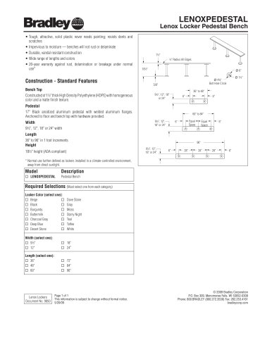 Pedestal Bench Technical Data