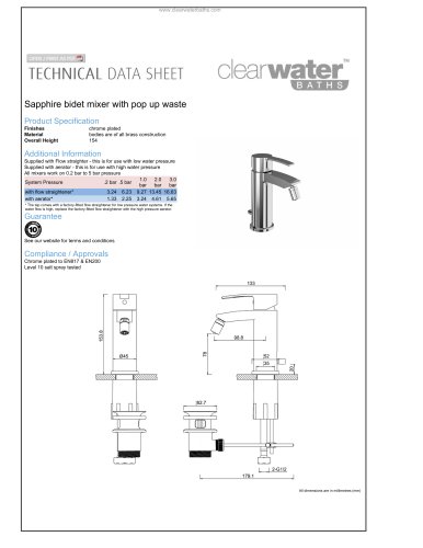 Sapphire bidet mixer with pop up waste