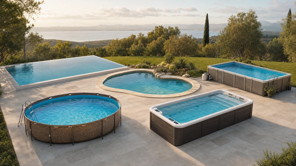 Instalação profissional de uma piscina infinita no terraço de um hotel de luxo com guarda-corpos em vidro arquitetónico e pavimento em pedra.
