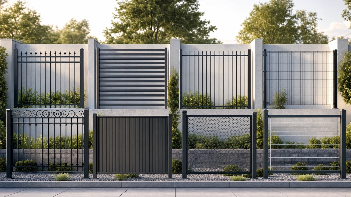Cerca de estacas de aço preto contemporânea instalada em redor de uma praça de um edifício de escritórios moderno com paisagismo profissional e caminhos de betão.