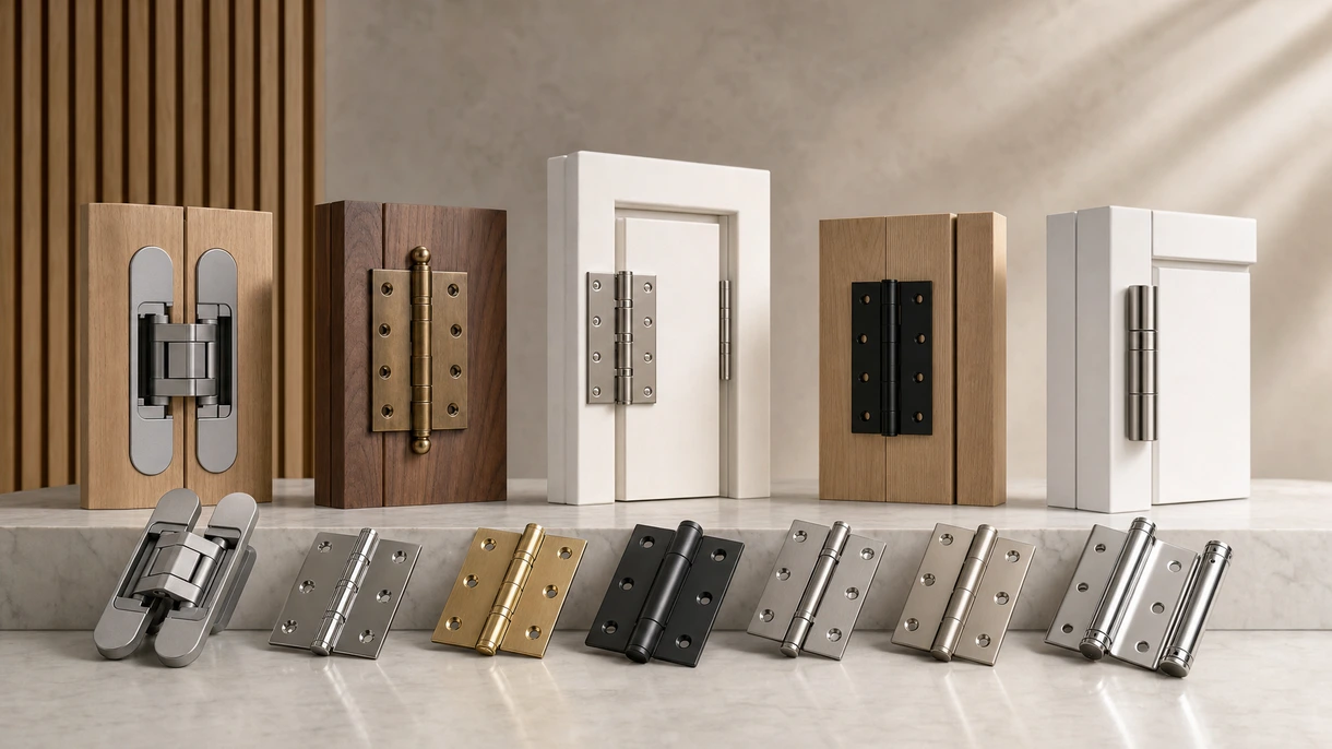 Dobradiça para porta arquitetónica oculta instalada numa porta interior minimalista em carvalho, num corredor de um edifício de escritórios moderno e luxuoso.
