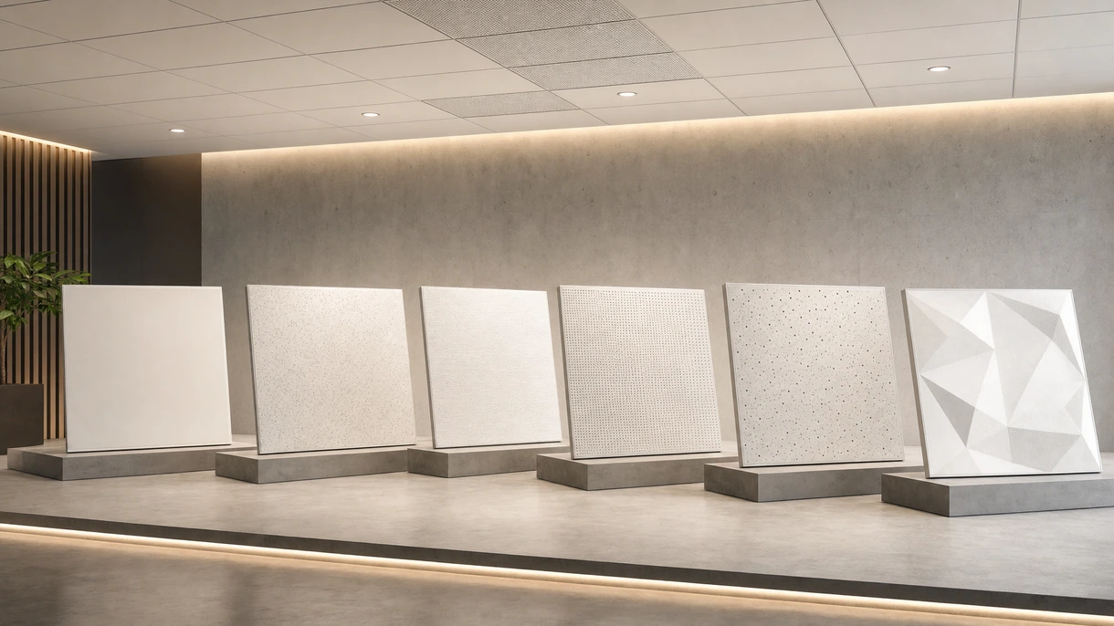 Escritório moderno em open-plan com um forro acústico modular branco, iluminação LED linear integrada e postos de trabalho.