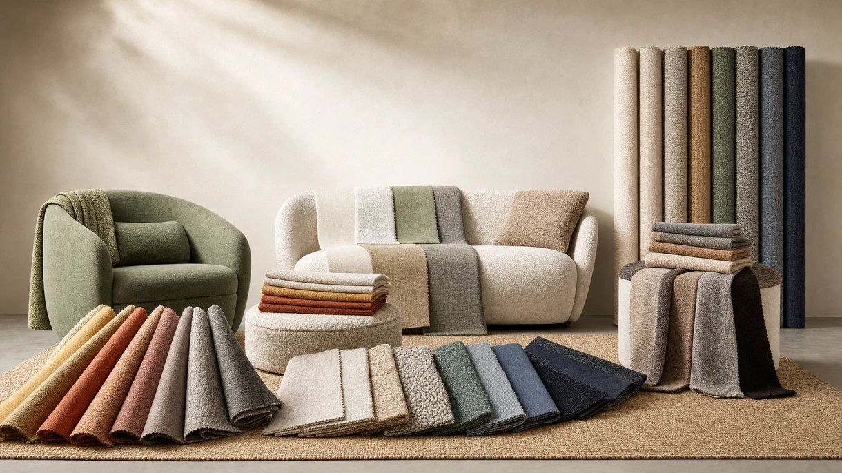 Arquiteto profissional a selecionar amostras de tecido para estofados de alta resistência para um projeto moderno de assentos de lounge em escritórios comerciais.