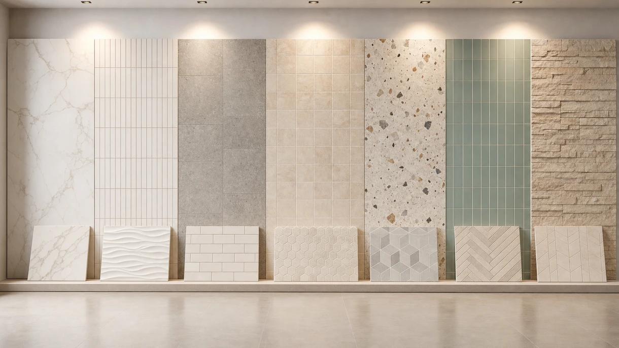 Instalador profissional a aplicar placas de revestimento de parede em porcelânico de grande formato no átrio de um hotel de luxo, utilizando um sistema de nivelamento de precisão.