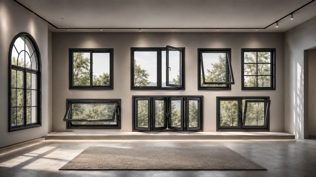 Edifício de escritórios moderno com janelas metálicas de alumínio preto de perfil fino, do teto ao chão, num interior corporativo minimalista.