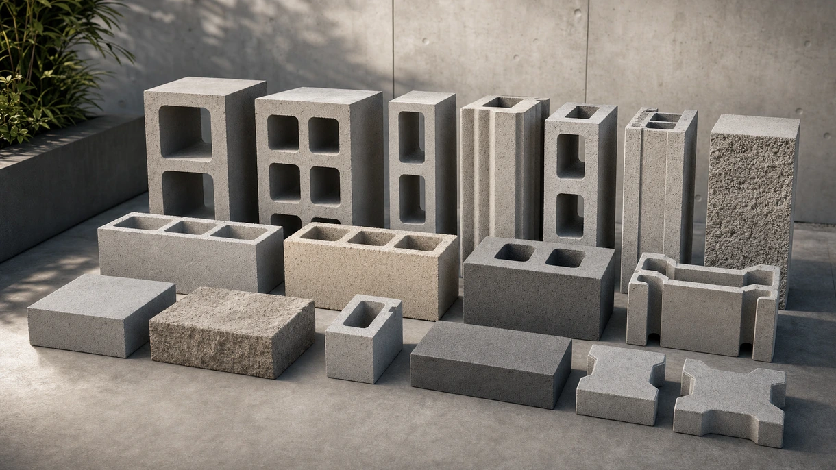 Construção de parede de alvenaria industrial mostrando pedreiros profissionais a instalar blocos de concreto cinzentos padrão num estaleiro de construção comercial.