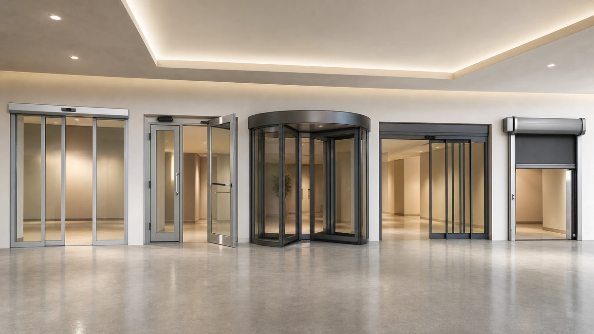 Porta automática de correr moderna em vidro na entrada de um edifício comercial com peões a entrar num átrio de escritório profissional e luminoso.