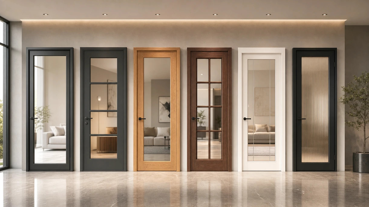 Porta com vidro minimalista e moderna instalada no átrio de um escritório corporativo de luxo, proporcionando luz natural e transparência.