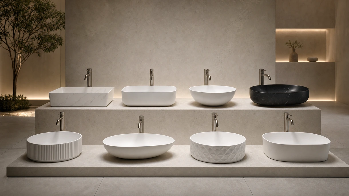 Instalações sanitárias modernas de hotelaria com cubas de apoio em branco mate instaladas sobre uma bancada de mármore escuro com torneiras de parede.