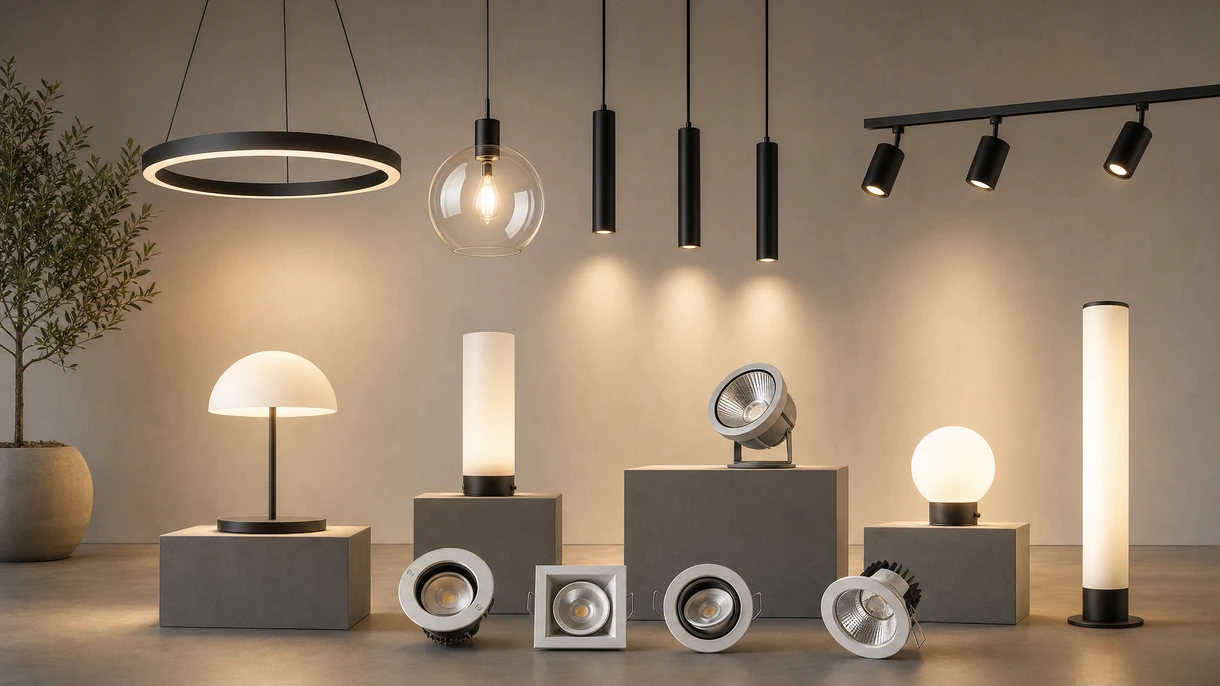 Interior de escritório arquitetónico moderno com luminárias técnicas dimerizáveis encastradas a iluminar uma área de mesa de conferência profissional.